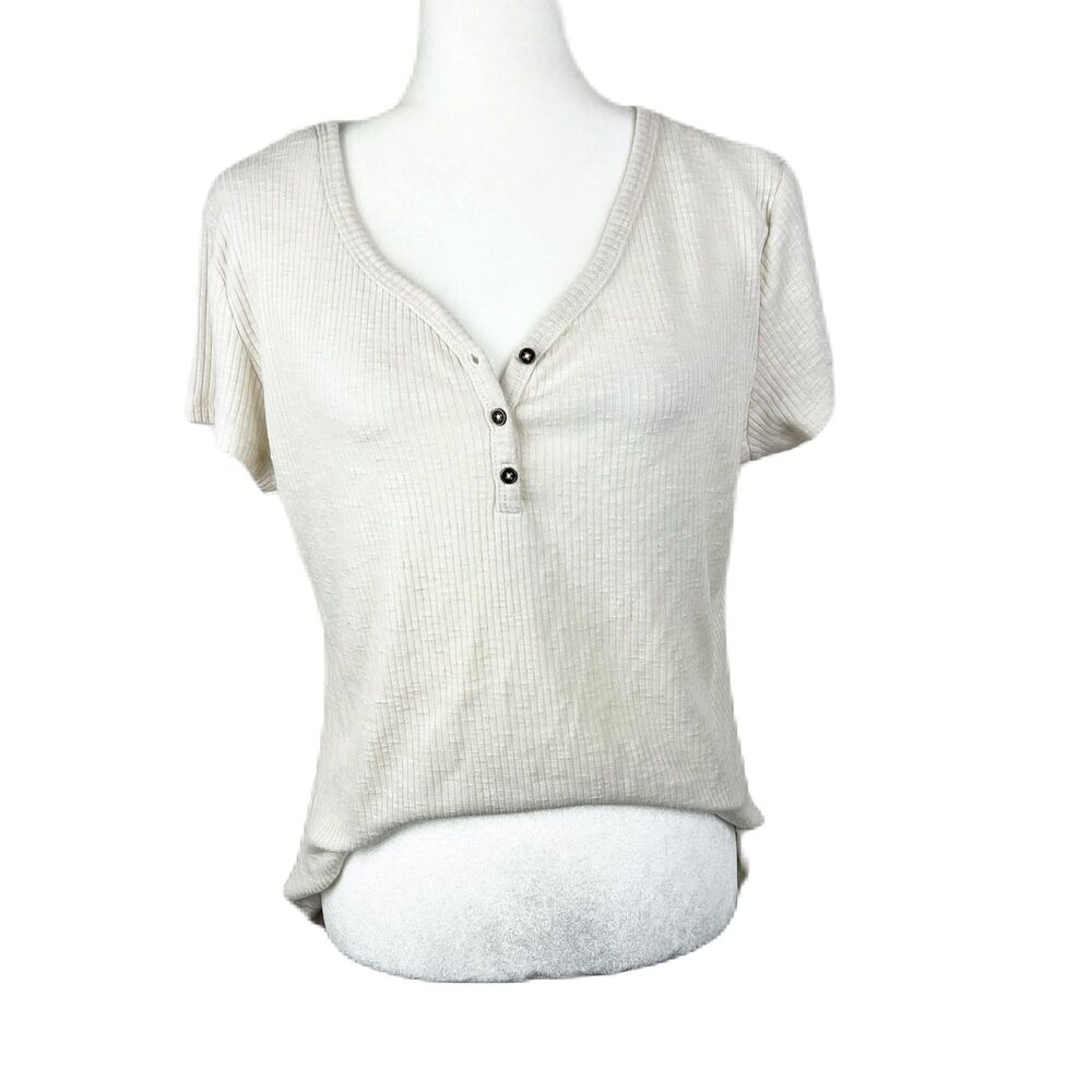 No Boundaries Blouse Women XXL Cream Ribbed Knit Henley Short Sleeve Semi Sheer